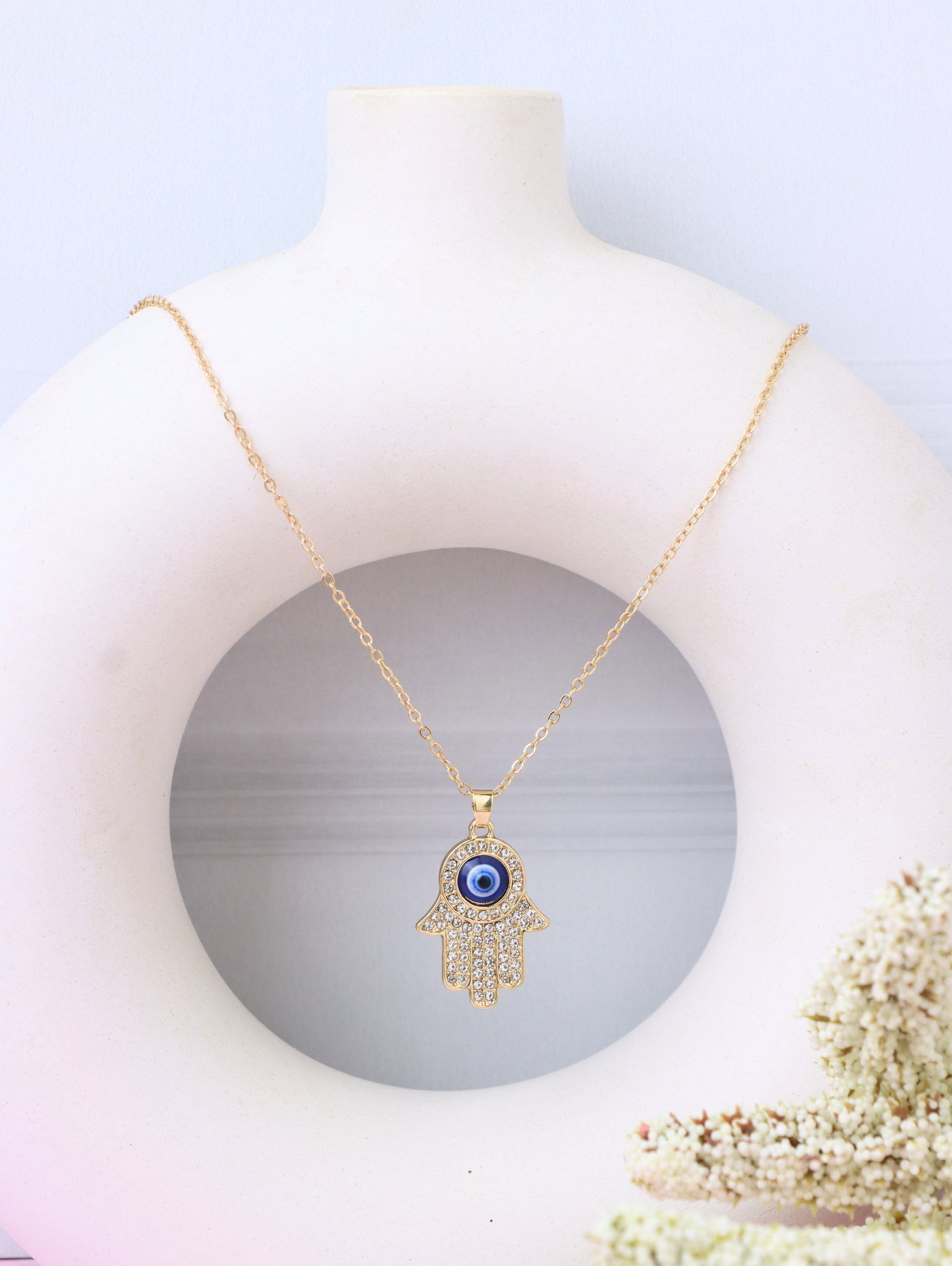 Hollow Zircon Heart Evil Eye Hamsa Necklace