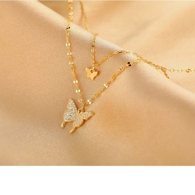 Double-layer butterfly necklace with sparkling diamonds