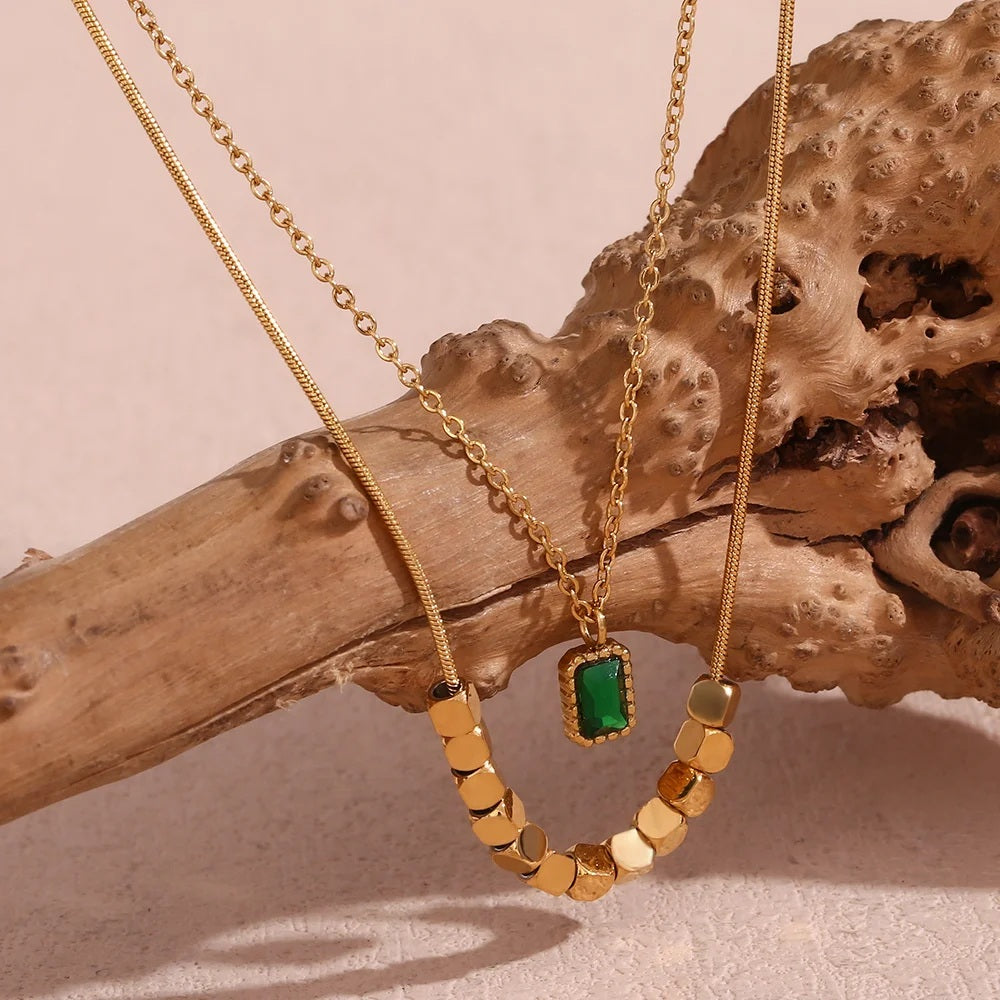 Double Layered Emerald stone Necklace